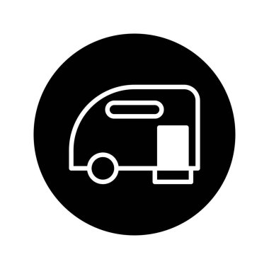 Siyah arka planda beyaz bir karavanın minimalist çizimi. Seyahat, kamp ya da eğlence amaçlı tasarımlar için mükemmel, bu basit simge macera taşır.