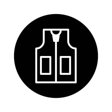 Bir minimalist vektör illüstrasyonu, siyah dairesel bir zemin karşısında cepleri olan bir yelek tasvir eder. Bu çok yönlü resim çeşitli uygulamalar için uygundur.