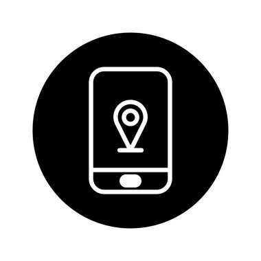 Siyah arkaplandaki beyaz simge, ekranında yer belirleme hizmetleri ve navigasyon uygulamalarını temsil eden bir konum noktasını gösteren akıllı telefonu betimler..
