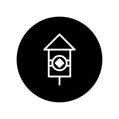 Siyah arka planda minimalist beyaz kuş evi çizimi. Temiz tasarım, simgeler ve diğer grafik amaçlar için uygun. Bahçenize kuş davet eden basit bir kuş barınağı..