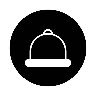 Siyah arka planda yemek kubbesinin minimalist bir simgesi. Zarif bir yemek, servis ve lezzetli bir mutfak deneyimini temsil ediyor..