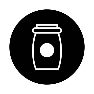 Bu resim siyah bir çembere karşı minimalist bir kavanoz simgesi sunar. Gıda depolama, konserve ve ürün ambalajlama ihtiyaçları için idealdir..