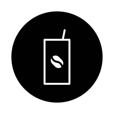 Dikdörtgen bir konteynırda siyah bir daireye karşı dizilmiş kahve içen minimalist bir ikon, markalaşma ve paketleme için mükemmeldir..