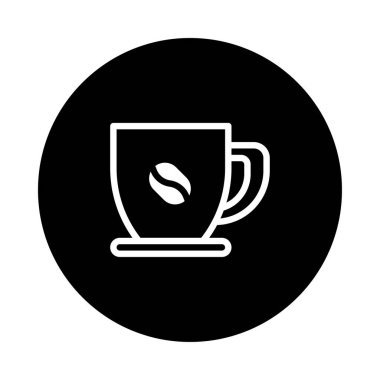 Siyah dairesel bir arka planda duran kahve fincanının minimalist bir çizimi. İçecekle ilgili tasarım projeleri için mükemmel.