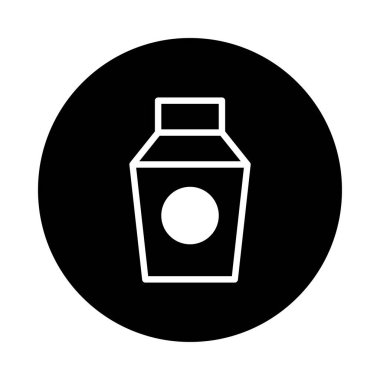 Bir minimalist illüstrasyon yuvarlak etiketli beyaz bir içecek kutusunun ana hatlarını gösterir, koyu siyah bir zemin üzerine kuruludur, markalaşma ve ürün paketleme tasarımları için idealdir..