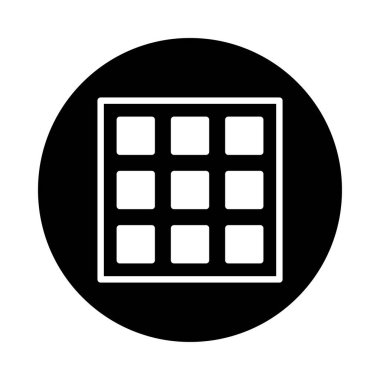 Siyah bir daire içinde minimalist bir ızgara simgesi. Web tasarımı, kullanıcı arayüzleri ve dijital sanattaki organizasyon ve yapıyı temsil eder.