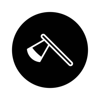 Siyah dairesel arka planda bir baltanın siyah beyaz çizimi, odun kesme, ağaç kesme ve çeşitli ilgili faaliyetler için temel aracı temsil eder.