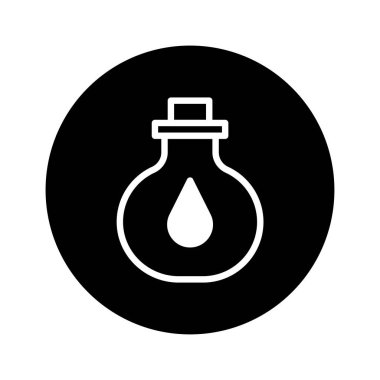 Siyah-beyaz minimalist bir simge, içinde sıvı damlası olan bir şişe ya da matara sergiler, iksir, malzeme veya bilimsel çözümler içerir..