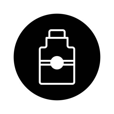 Siyah bir çemberdeki minimalist şişe ikonu ürünler, eczacılık veya pazarlama materyalleri için modern ve parlak bir tasarımı temsil eder..