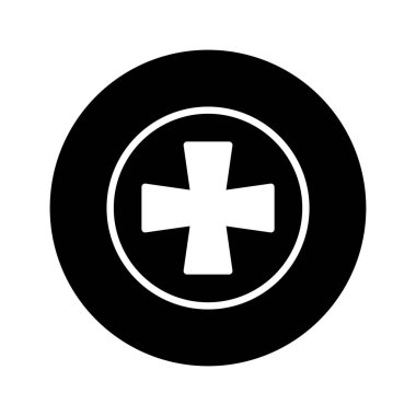 Siyah ve beyaz minimalist bir illüstrasyonda beyaz bir çemberin içinde sağlık ve sağlık hizmetlerini temsil eden siyah bir zemin üzerinde beyaz bir sağlık haçı bulunur..