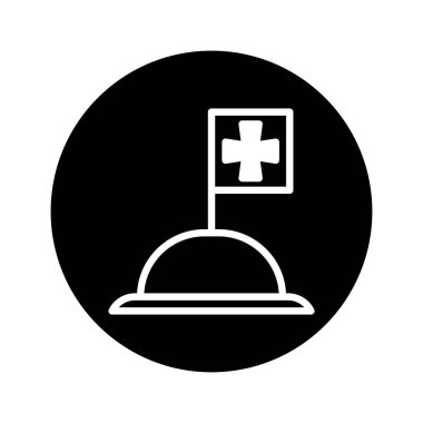 Siyah-beyaz biçimlendirilmiş vektör görüntüsü bayrakta tıbbi bir haç var. Minimalist bir tasarımda sağlık, yardım ve tıbbi hizmetleri sembolize eder..