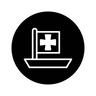 Minimalist bir vektör illüstrasyonunda, bayrakta haç olan, koyu dairesel bir zemin üzerine kurulmuş tıbbi bir işaret tasvir edilir. Sağlık, acil servis ve tıbbi yardımı temsil eder..