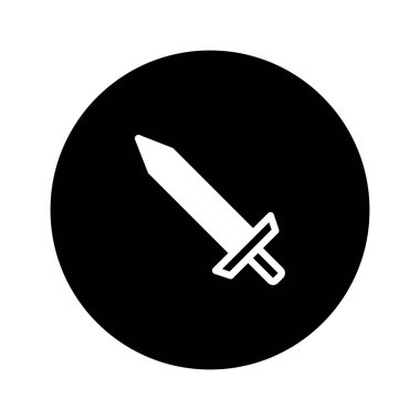 Minimalist bir illüstrasyonda siyah bir çemberin içinde gücü, savunmayı ve ortaçağ temalarını sembolize eden beyaz bir kılıç simgesi sergileniyor. Tarihi ya da fantezi öğelerine ihtiyaç duyan tasarımlar için mükemmel..