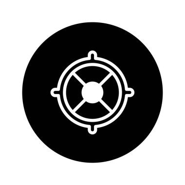 Minimalist bir vektör çizimi, odak ve doğruluğu sembolize eden, siyah dairesel arkaplan üzerinde beyaz bir hedef simgesi sunar..