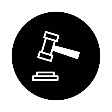 Görüntü siyah arkaplana karşı beyaz bir tokmak simgesi içerir. Adalet, hukuk ve hukuki süreç temalarını temsil eder..