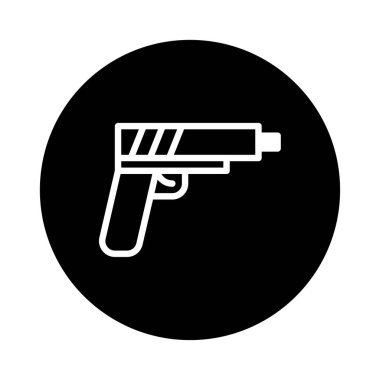 Görüntüde siyah zemin üzerinde güvenlik, güvenlik ve potansiyel tehlikeyi sembolize eden beyaz bir silah simgesi var. Kolluk kuvvetlerini, korumayı hatta suç faaliyetlerini temsil etmek için kullanılabilir..