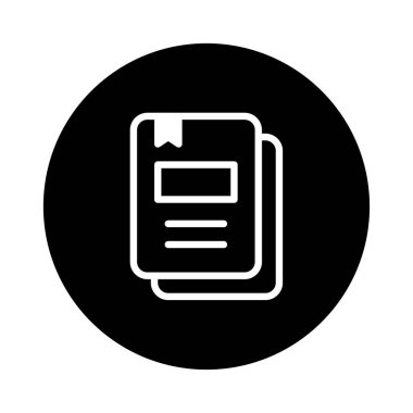 Bilgi organizasyonu ve bilgi yönetimini dijital arayüzlerde temsil etmek için ideal siyah bir daireye karşı istiflenmiş belgeleri içeren minimalist bir simge.