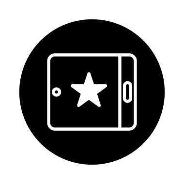 Belirgin bir yıldız sembolüne sahip, teknoloji veya uygulamayla ilgili temalar için uygun mobil bir aygıta sahip minimal siyah beyaz simge.