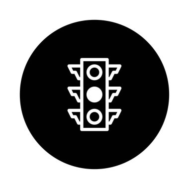 Yol güvenliği ve kentsel ulaşım kavramlarını temsil etmek için uygun siyah bir dairede basit bir trafik ışığı simgesi tasarımı.