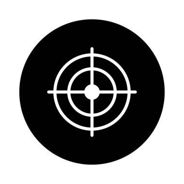 Minimalist bir vektör illüstrasyonu, odak, doğruluk ve hedef odaklı stratejiyi sembolize eden siyah bir çemberin merkezindeki beyaz hedef simgesini tasvir eder..