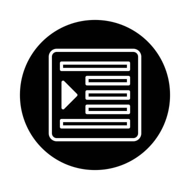 Beyaz çalma düğmesi ve soyut metin satırları içeren basit bir siyah daire simgesi, multimedya ve video içeriğini temsil eder.