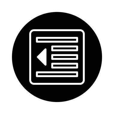 Kalın, siyah dairesel bir ikon, sola dönük ok ile beyaz hizalama sembolü içerir. Bu kullanıcı arayüzünde geri taşınma, hizalama ayarları veya navigasyon yönleri gibi fonksiyonları temsil eder.