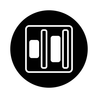 Dikey çizgiler ve blok elementleri içeren bir kare şeklindeki soyut grafik, koyu dairesel bir arkaplan üzerine kurulmuş, modern ve minimalist bir tasarım yaratıyor.