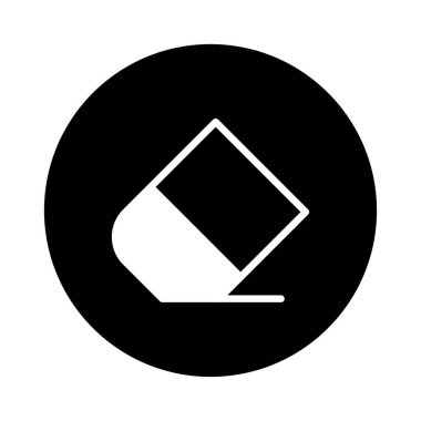 Basit bir siyah beyaz tasarım bir dairenin içinde bir minimalist silgi simgesi gösterir, grafikler ve web tasarımı için mükemmeldir..