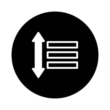 Görüntü, üç yatay çizgi boyunca yukarı ve aşağı doğru uzanan beyaz bir ok içeren siyah bir daire gösterir. Fonksiyonları sıralamayı veya sıralamayı temsil eden minimalist bir simge..