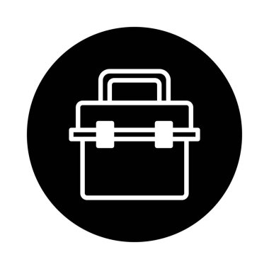 Siyah arkaplandaki beyaz araç kutusu simgesinin basit bir çizimi. Araçları, inşaat, onarım ve ilgili hizmetleri temiz ve modern bir şekilde sunar.