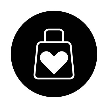 Minimalist bir alışveriş poşeti ikonu, siyah bir çemberin üzerinde duran bir kalp. Perakende ve ticarete olan aşkı gözler önüne seriyor. Markalaşmak için mükemmel..