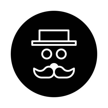 Minimalist bir vektör illüstrasyonunda belirgin bıyıklı ve şapkalı bir yüz, siyah bir arka plana karşı beyaz çizgilerle çizilmiş, klasik bir beyefendiyi andırıyor..