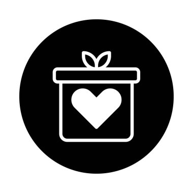 Siyah daire arka planında kalp şeklinde beyaz bir hediye kutusu. Sevgililer günü, doğum günü ya da başka özel durumlar için ideal. Minimalist vektör illüstrasyon tasarımı.