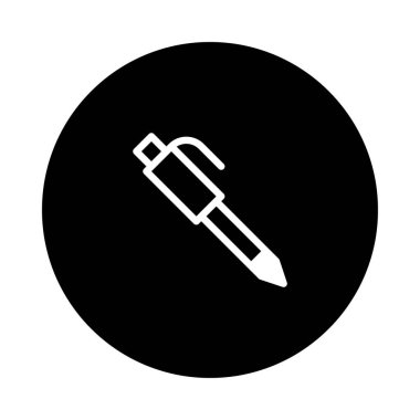 Minimalist bir beyaz kalem simgesi siyah bir çemberin içindedir. Bu tasarım, yazı, eğitim ve ofis temaları için temiz ve çok yönlü bir sembol görevi görmektedir..