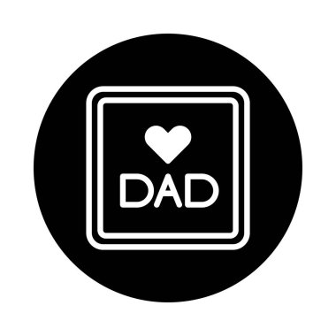 Üzerinde kalp sembolü olan 'DAD' sözcüğünü içeren basit bir simge, bir kareye iliştirilmiş ve sevgi, ilgi ve aile bağlarını temsil eden siyah bir çembere karşı kurulmuş..