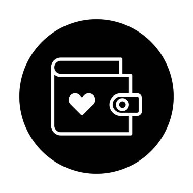 Minimalist bir vektör tasarımında siyah bir çember içinde aşk ve finansal refahı temsil eden bir kalp sembolü bulunan bir cüzdan simgesi gösterilir..