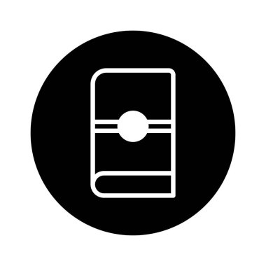 Kapalı bir kitabın minimalist bir simgesi, siyah bir çemberin üzerine beyaz ve temiz bir ana hatla çizilmiş. Kitap basit geometrik şekiller içeriyor, ona modern ve soyut bir his veriyor..