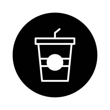 Minimalist bir düz tasarım ikonu, modern bir estetik sunan zıt bir siyah daireye karşı hazırlanmış pipetle hazır içecek tasvir ediyor..