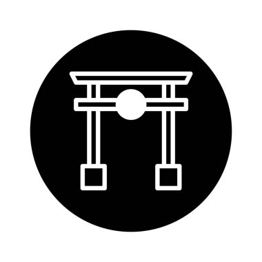 Bir minimalist ikon siyah bir çemberin içindeki Japon Torii kapısını tasvir eder, kültür ve geleneği sembolize eder..