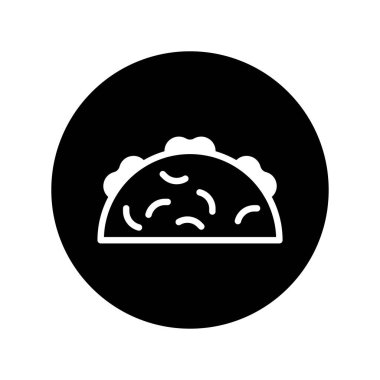 Siyah bir çemberdeki minimal taco ikonu, Meksika mutfağını, fast food restoranlarını ya da mobil yemek uygulamalarını temsil etmek için mükemmeldir..
