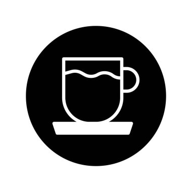 Bir dairenin içindeki fincan ve fincan tabağının minimalist siyah ve beyaz çizimi. Tasarım temiz, basit ve modern..