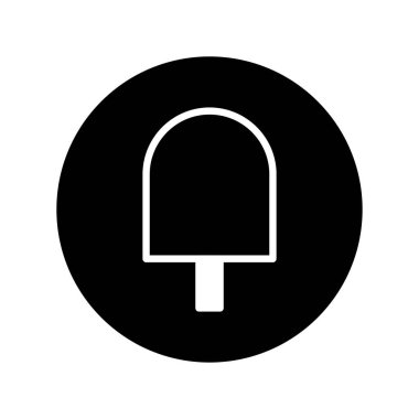 Minimalist bir dondurma ikonu tasarımı dairesel siyah arkaplan içinde buzlu şeker şeklini içeriyor, basitliği ve tatlılığı iletiyor..