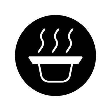 Sıcak yemek ya da çorbayı temsil eden buharı tüten bir ikonun siyah beyaz klipsli sanat çizimi, menü ve restoran için harika.