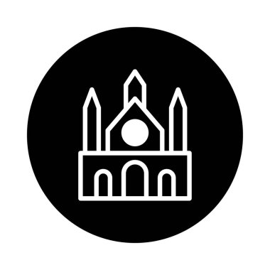 Bir katedral ya da kilisenin minimalist siyah beyaz tasviri. Dairesel biçim, mimari ayrıntıları vurgulayan katıksız bir karşıtlık sunar.