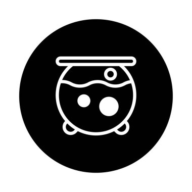 Simge tarzında basit, siyah beyaz bir kazan çizimi. Cadılar bayramını, iksiri ve büyüyü sembolize ediyor. Ürkütücü sezon dekorasyonları ve tasarımları için mükemmel..