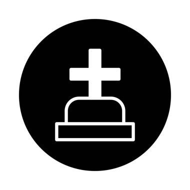 Siyah bir çemberin içinde, yas, anı ve maneviyat temalarını anımsatan, haçlı bir mezar tasvir eden minimalist bir ikon..