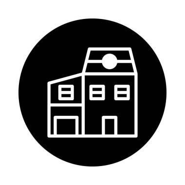 Temiz çizgiler ve geometrik şekillere sahip bir binanın yer aldığı basit mimari taslak simgesi, siyah dairesel bir arkaplan üzerine kurulmuş, modern şehir yaşamını sembolize ediyor.