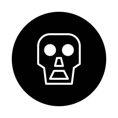 Bir kafatası ikonu içeren minimalist bir tasarım, koyu siyah bir arka plana karşı beyaz ana hatlarla çizilmiş, tehlike, ölüm ve Cadılar Bayramı temaları çağrıştıran.