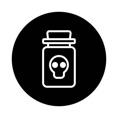 Çelişkili siyah arka planda bir kafatası sembolünün yer aldığı bir zehir şişesi ikonunun minimalist tasarımı. Grafikler tehlike ve zehirlilik gösteriyor..