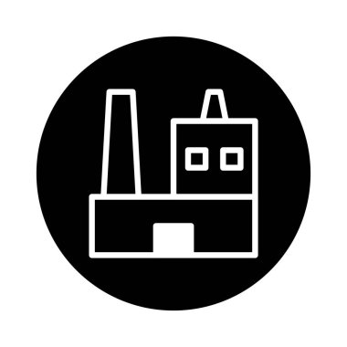 Bir sanayi fabrikasını temsil eden minimalist bir ikon, siyah bir daire içinde baca ve bina yapısına sahip. Endüstriyi veya üretim konularını resmetmek için mükemmel.